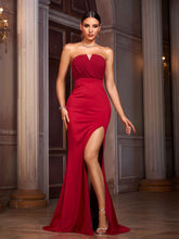 Red Strapless Sexy Backless Slit Prom Dress
